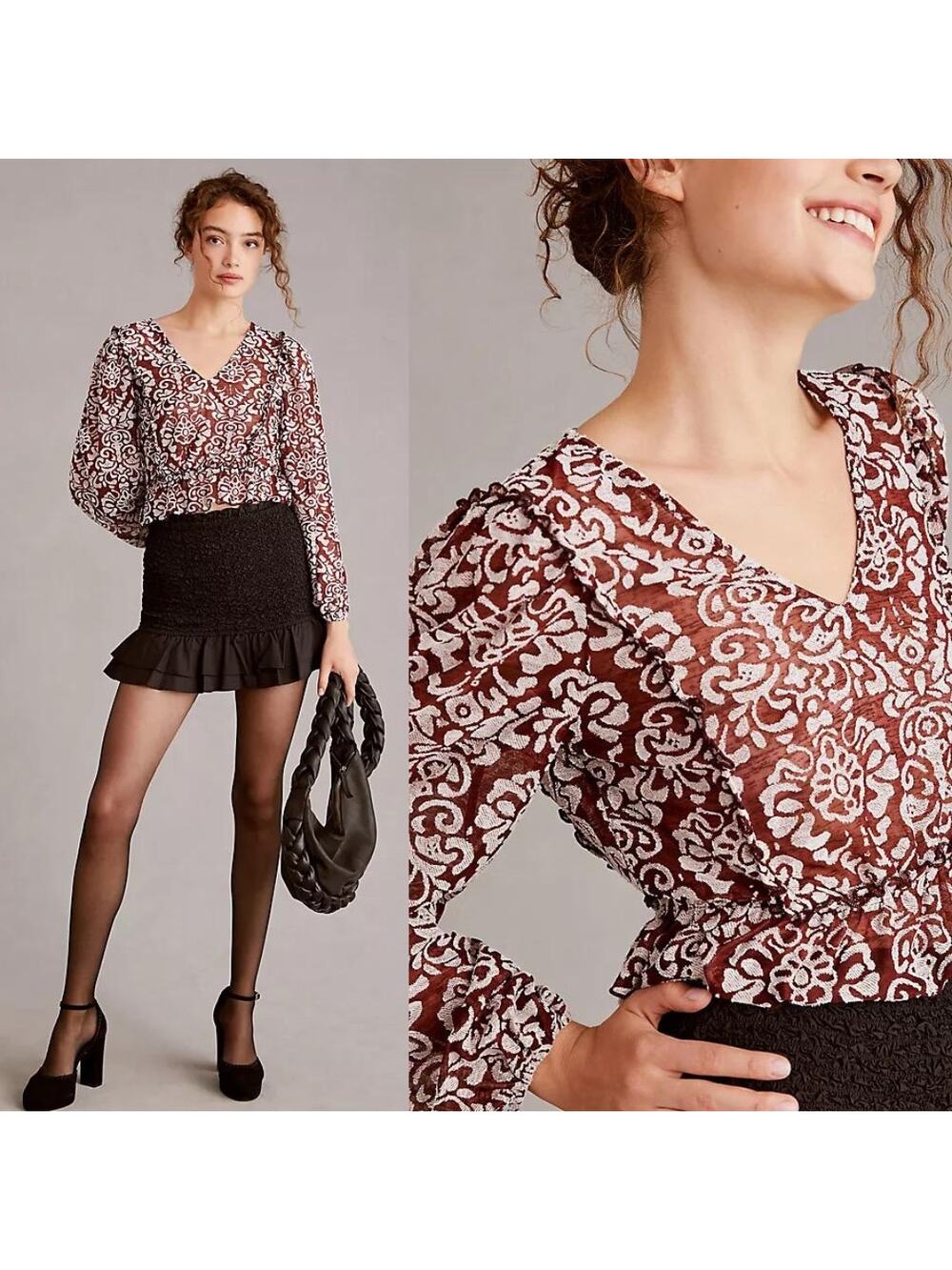 By Anthropologie Jacquard Peasant Blouse Women's Blouse Wine M Ruffle Peplum